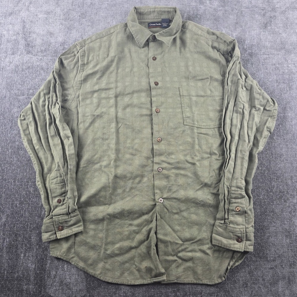 Vintage OP Ocean Pacific Mens Large Shirt Long Sleeve Army Green Cotton Beach